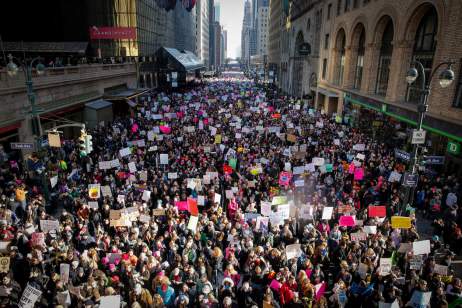 Protestors walk down 42nd Street near Grand Central Terminal during the Women's March in New York City at Dag Hammarskjold Plaza. NYTMARCH NYTCREDIT: Nicole Craine for The New York Times
